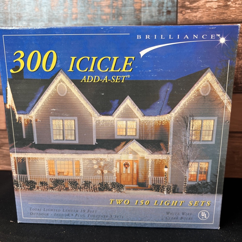 Vintage- Brilliance 300 Icicle Add-A-Set Lights White Wire Clear Bulbs 19ft